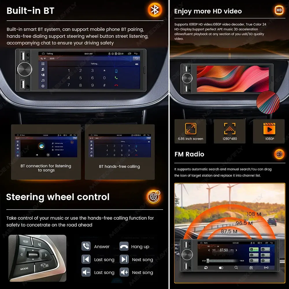 MEKEDE 6.86 Inch 1Din Carplay Android Auto Car Radio Multimedia Video MP5 Player With BT FM Stereo USB Type-C Plug Autoradio