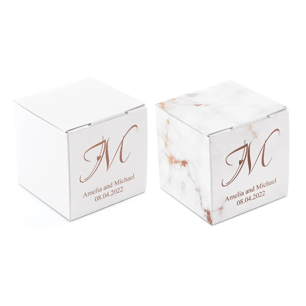 MINI CUSTOM FOIL PRINTED SQUARE PAPER FAVOR BOXES - DECORATIVE INITIAL MONOGRAM