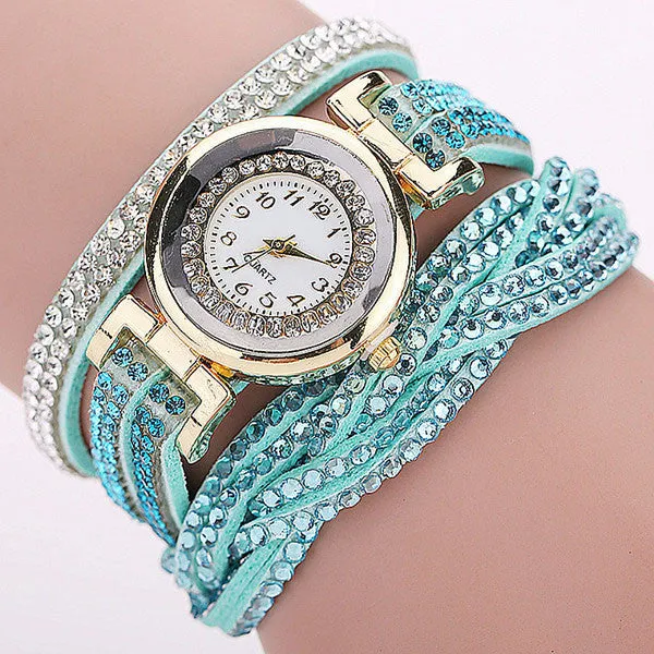 New Fashion Casual Quartz Rhinestone Watch Braided Leather Bracelet