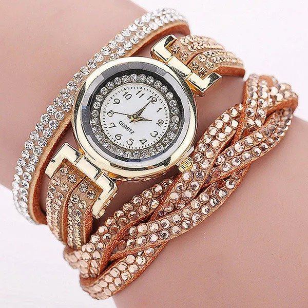 New Fashion Casual Quartz Rhinestone Watch Braided Leather Bracelet