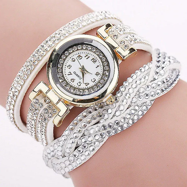 New Fashion Casual Quartz Rhinestone Watch Braided Leather Bracelet