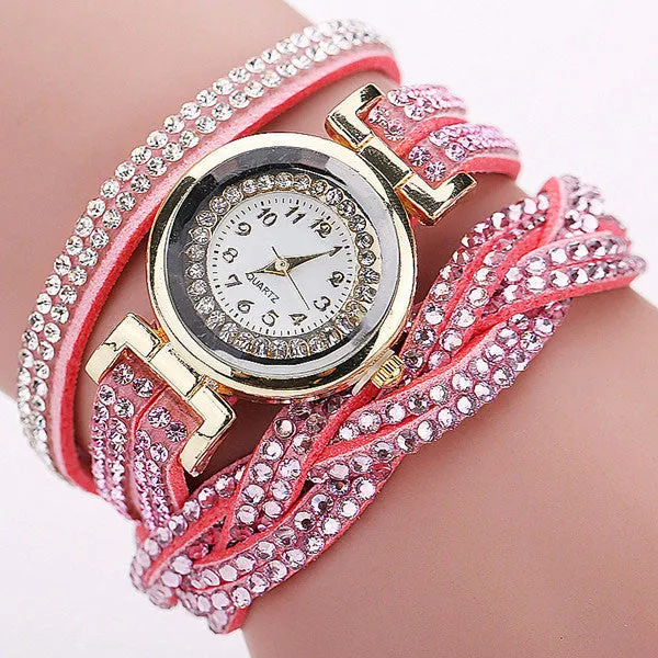 New Fashion Casual Quartz Rhinestone Watch Braided Leather Bracelet