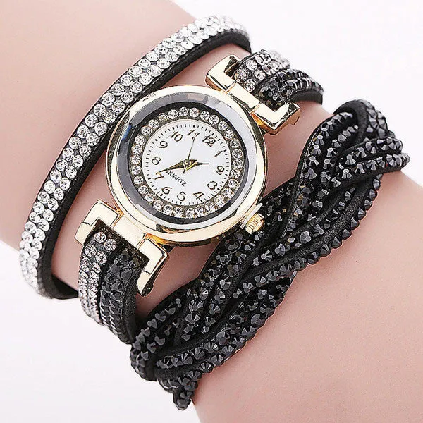 New Fashion Casual Quartz Rhinestone Watch Braided Leather Bracelet