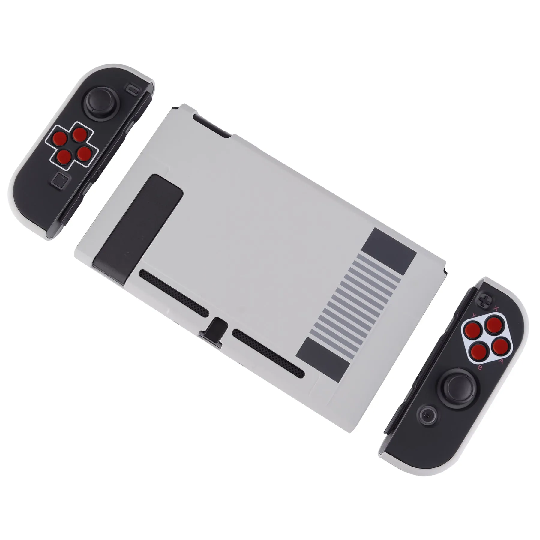 PlayVital Classics NES Style Back Cover for NS Switch Console, NS Joycon Handheld Controller Separable Protector Hard Shell, Dockable Protective Case with Red ABXY Direction Button Caps - NTT103