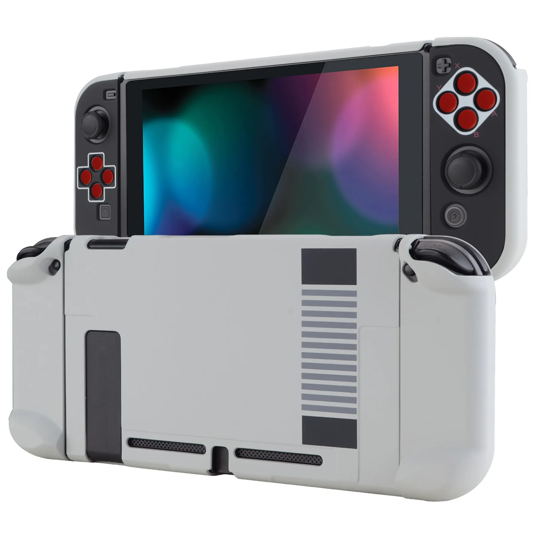 PlayVital Classics NES Style Back Cover for NS Switch Console, NS Joycon Handheld Controller Separable Protector Hard Shell, Dockable Protective Case with Red ABXY Direction Button Caps - NTT103