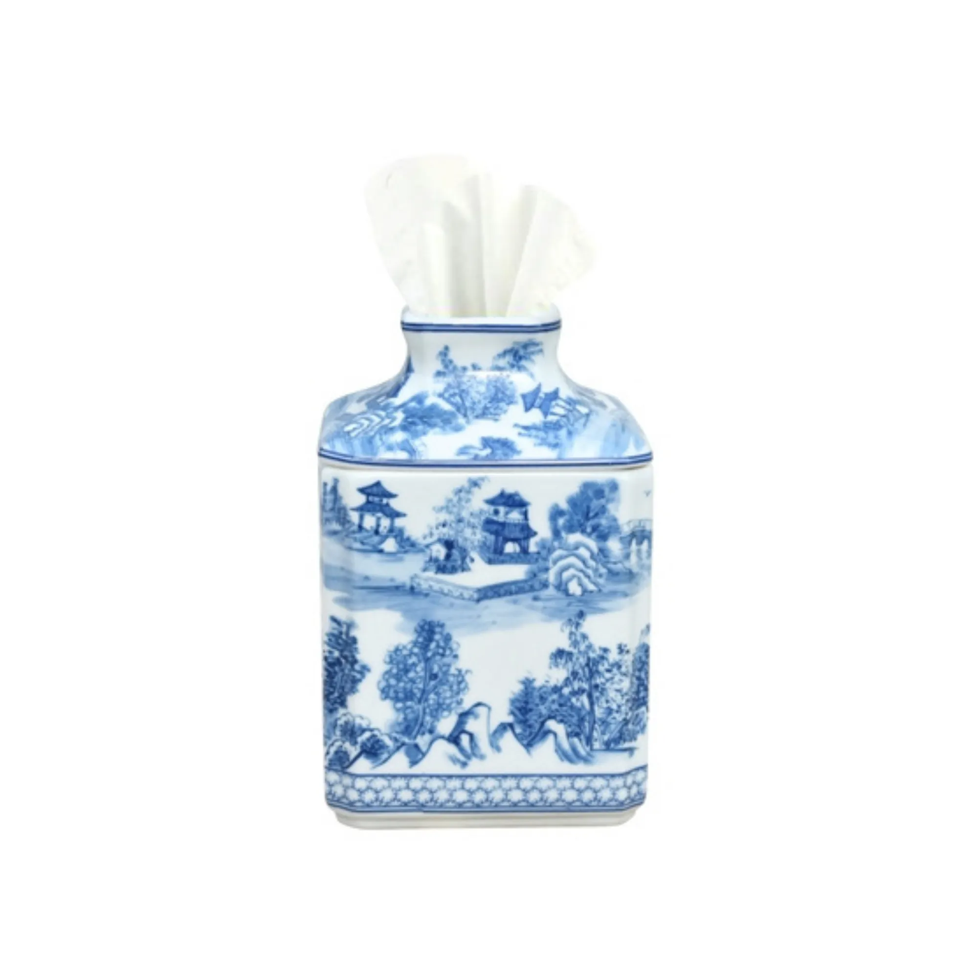 Porcelain Blue & White Chinoiserie Square Tissue Box