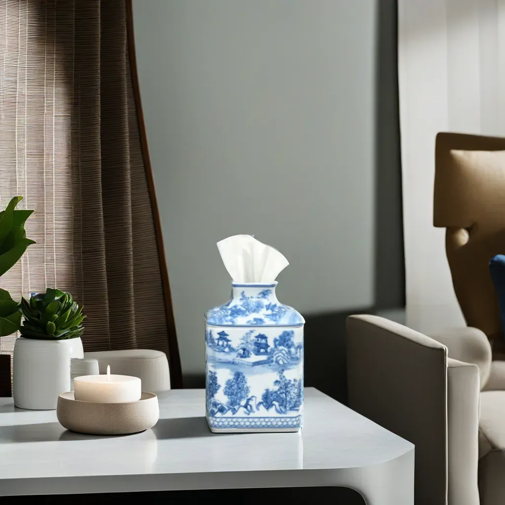 Porcelain Blue & White Chinoiserie Square Tissue Box