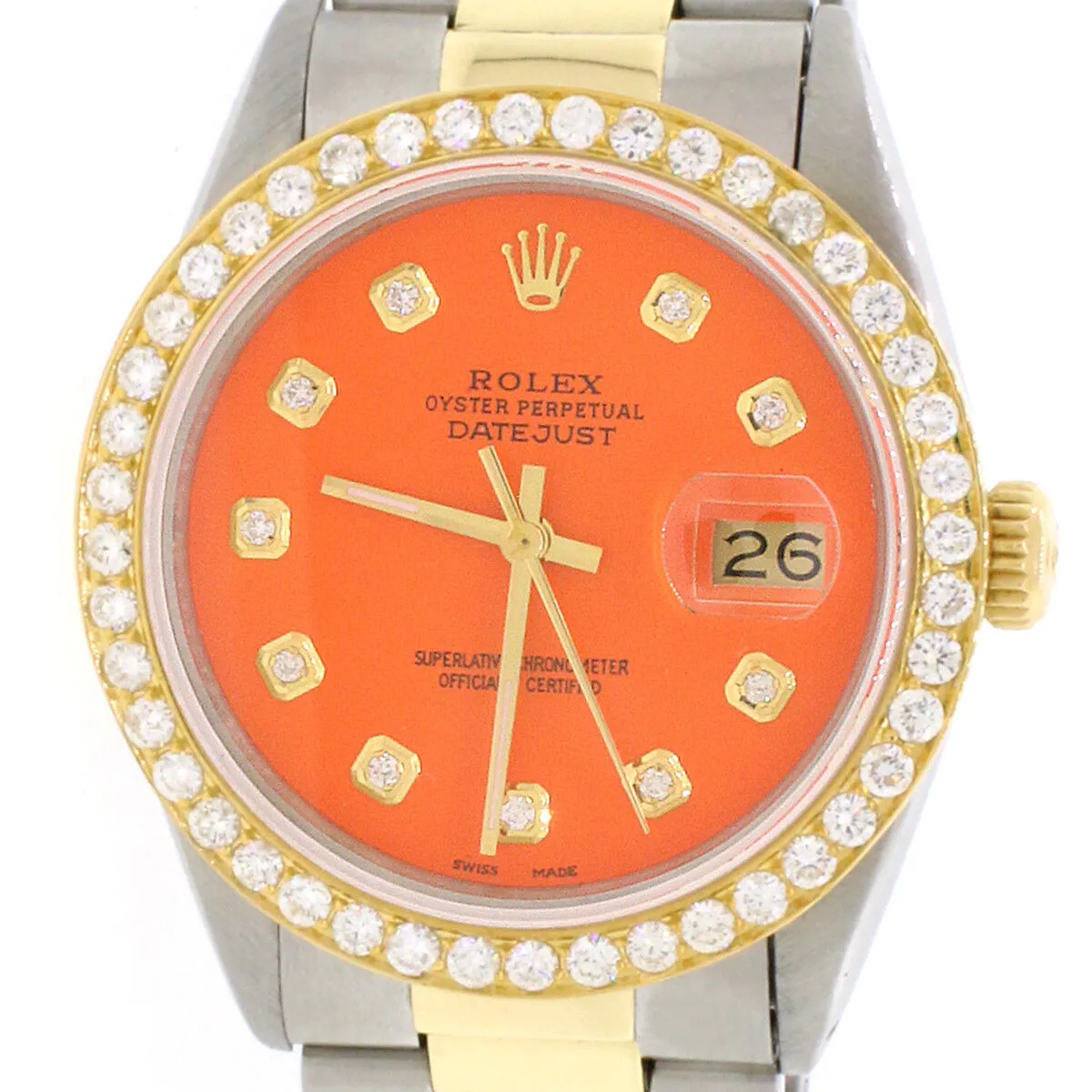 Rolex Datejust 2-Tone Gold/Steel 36mm Oyster w/ Orange Diamond Dial &amp; Bezel TFJ-142508099