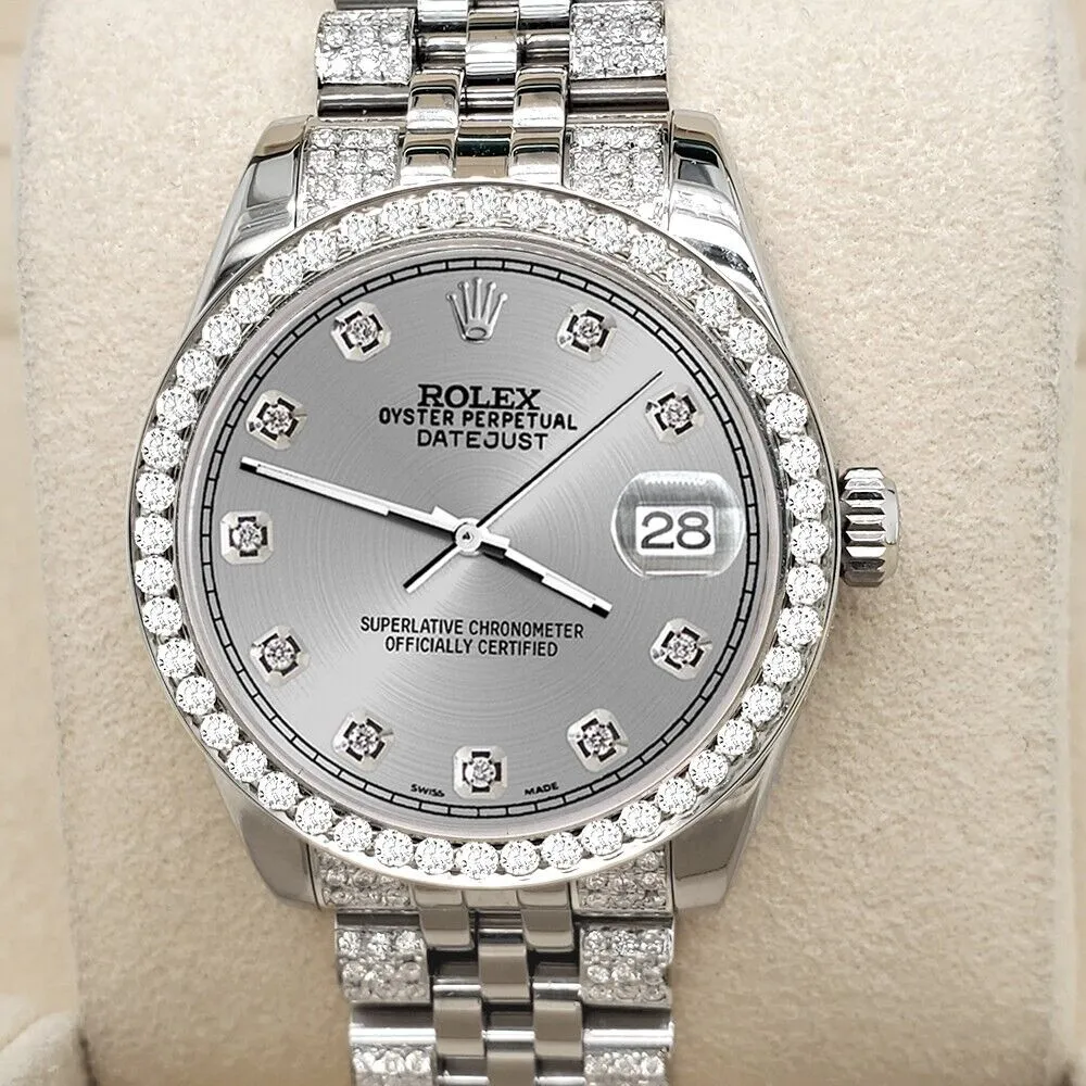 Rolex Datejust Midsize 31mm 3.30ct Diamond Bezel/Bracelet/Gray Dial Watch TFJ-142508202