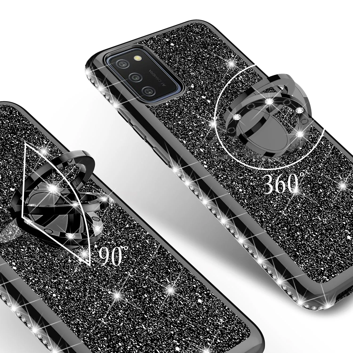 Samsung Galaxy A02s Case, Glitter Cute Phone Case Girls with Kickstand,Bling Diamond Rhinestone Bumper Ring Stand Sparkly Luxury Clear Thin Soft Protective Samsung Galaxy A02s Case for Girl Women - Black