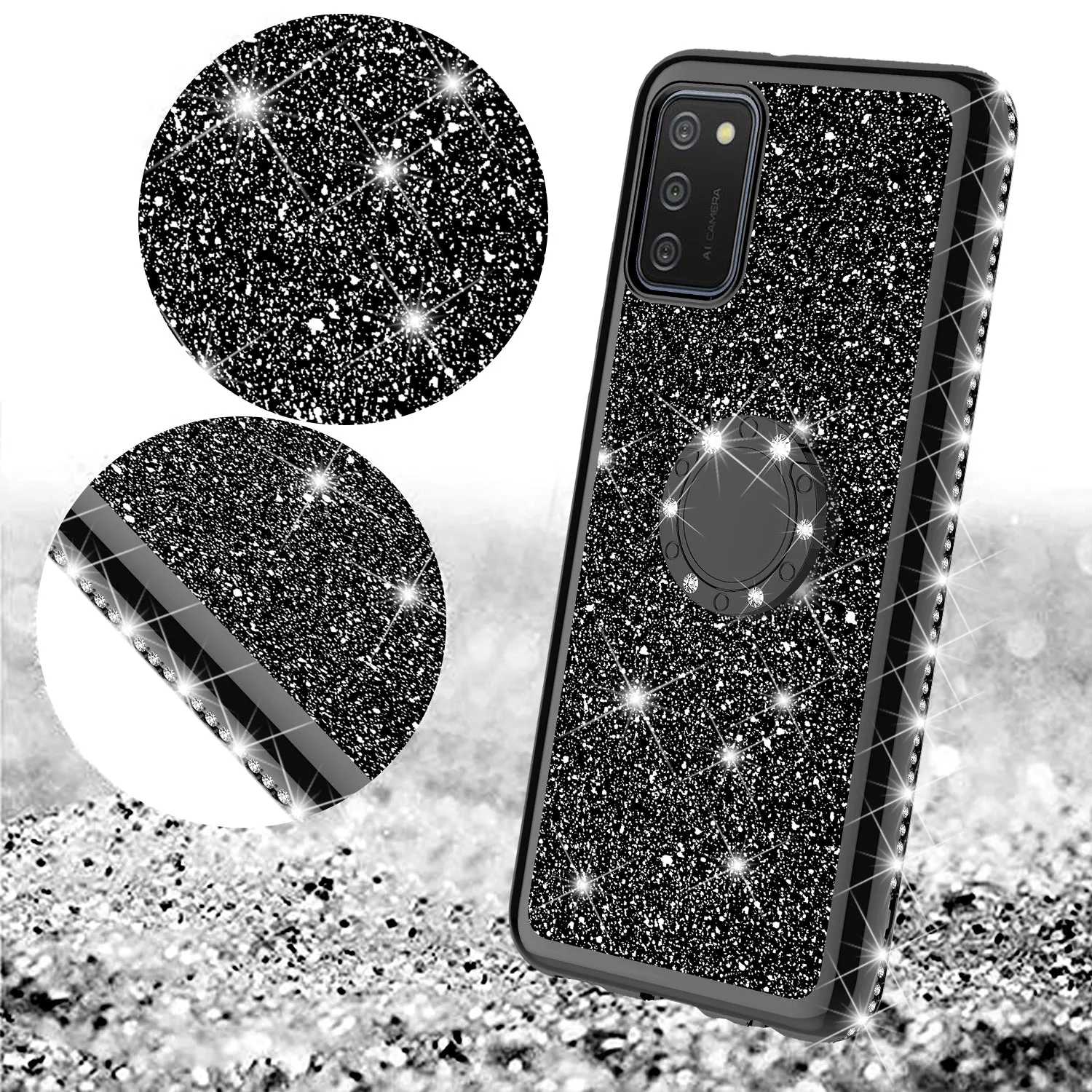 Samsung Galaxy A02s Case, Glitter Cute Phone Case Girls with Kickstand,Bling Diamond Rhinestone Bumper Ring Stand Sparkly Luxury Clear Thin Soft Protective Samsung Galaxy A02s Case for Girl Women - Black