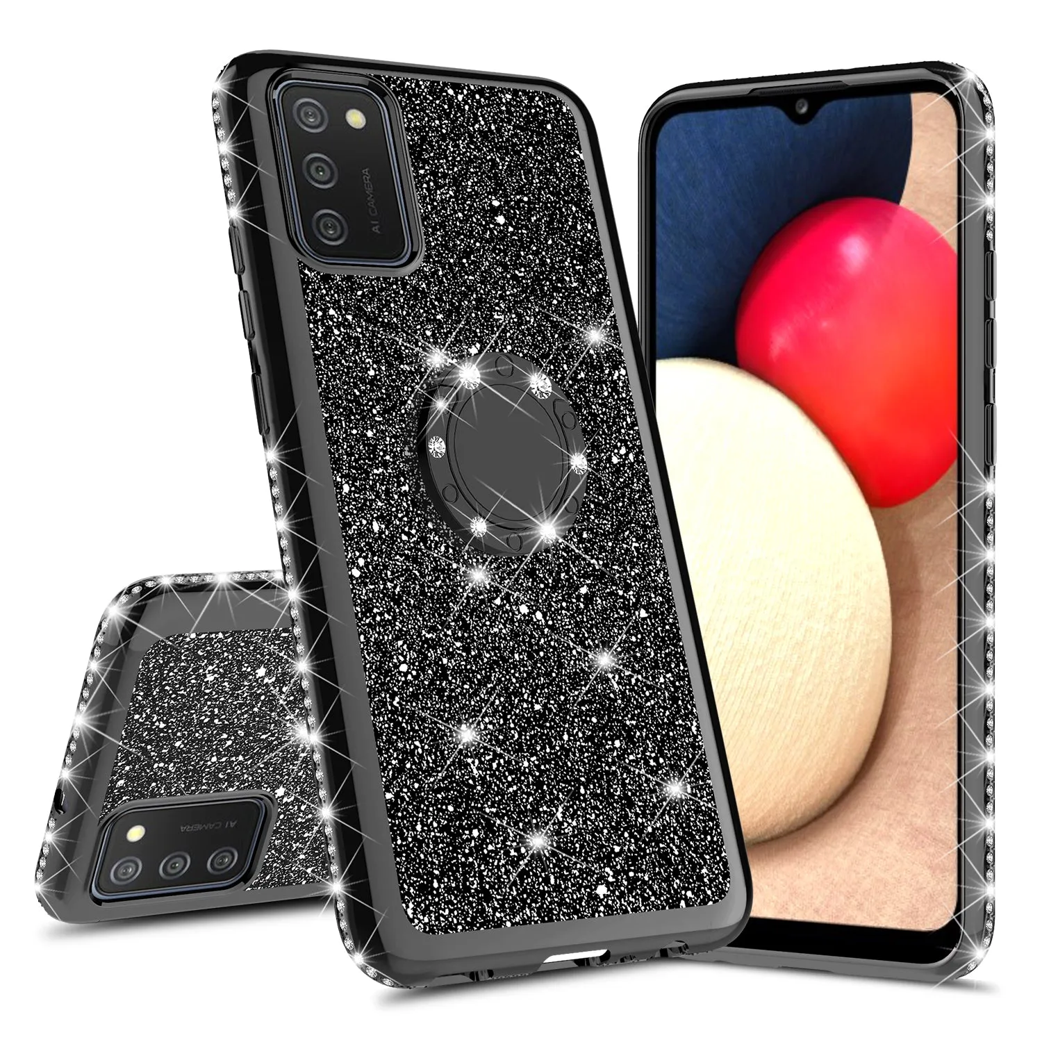 Samsung Galaxy A02s Case, Glitter Cute Phone Case Girls with Kickstand,Bling Diamond Rhinestone Bumper Ring Stand Sparkly Luxury Clear Thin Soft Protective Samsung Galaxy A02s Case for Girl Women - Black