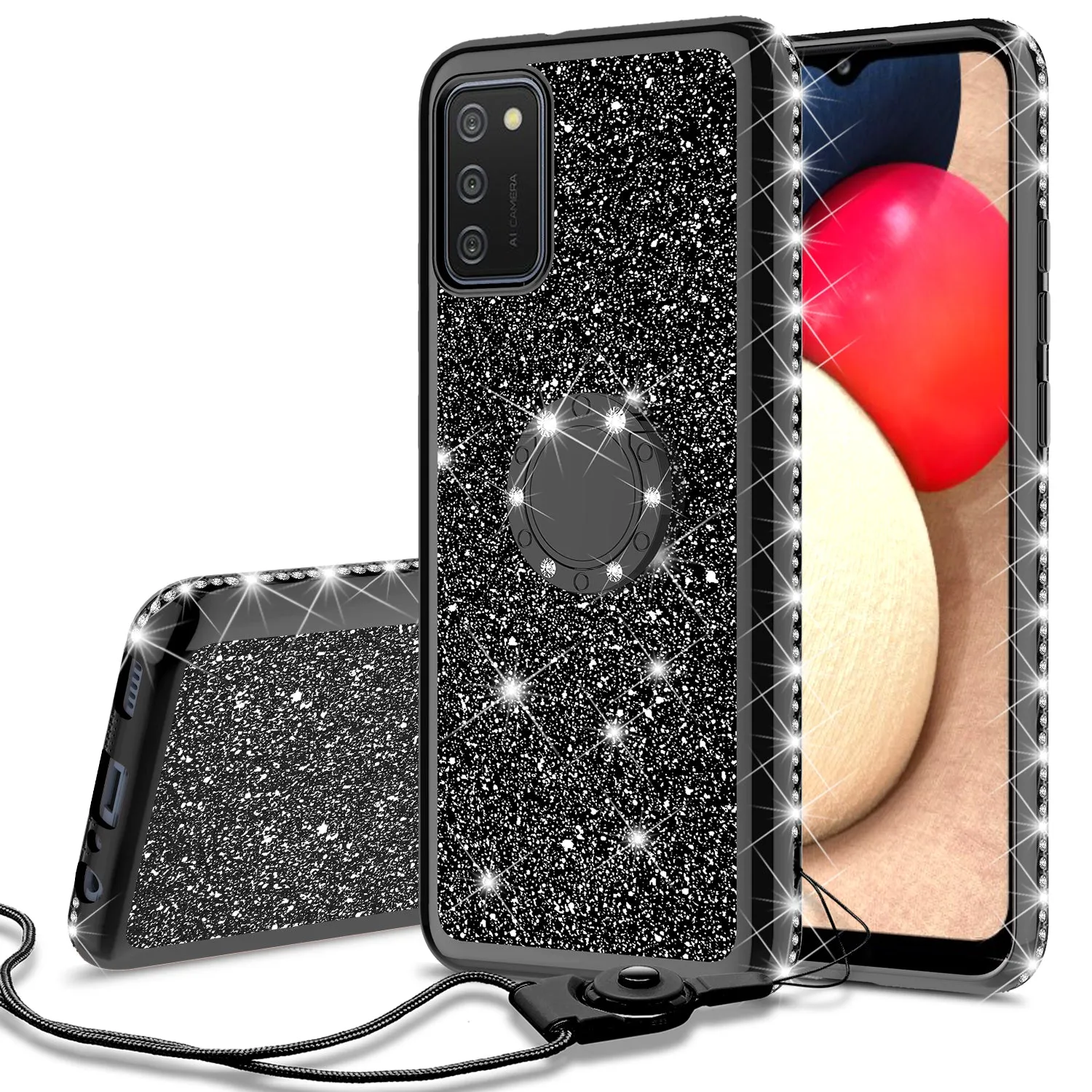 Samsung Galaxy A02s Case, Glitter Cute Phone Case Girls with Kickstand,Bling Diamond Rhinestone Bumper Ring Stand Sparkly Luxury Clear Thin Soft Protective Samsung Galaxy A02s Case for Girl Women - Black