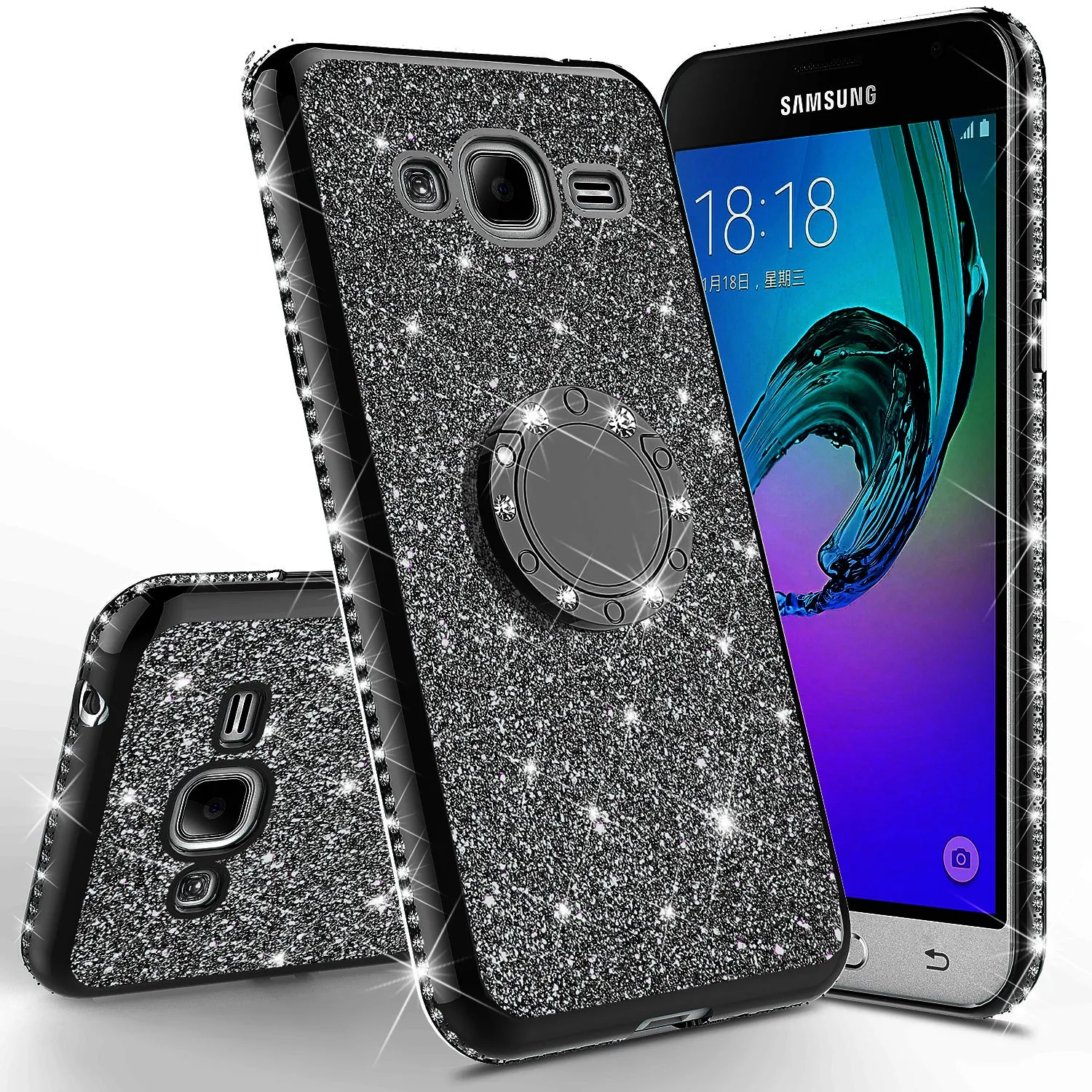 Samsung Galaxy J3,  Galaxy J3 V Case, Glitter Cute Phone Case Girls with Kickstand,Bling Diamond Rhinestone Bumper Ring Stand Sparkly Luxury Clear Thin Soft Protective Samsung Galaxy J3 Case for Girl Women - Black