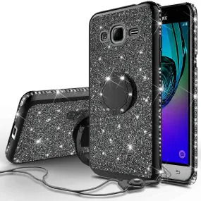 Samsung Galaxy J3,  Galaxy J3 V Case, Glitter Cute Phone Case Girls with Kickstand,Bling Diamond Rhinestone Bumper Ring Stand Sparkly Luxury Clear Thin Soft Protective Samsung Galaxy J3 Case for Girl Women - Black