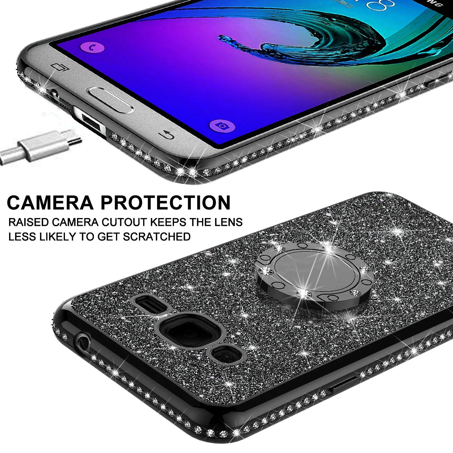 Samsung Galaxy J3,  Galaxy J3 V Case, Glitter Cute Phone Case Girls with Kickstand,Bling Diamond Rhinestone Bumper Ring Stand Sparkly Luxury Clear Thin Soft Protective Samsung Galaxy J3 Case for Girl Women - Black