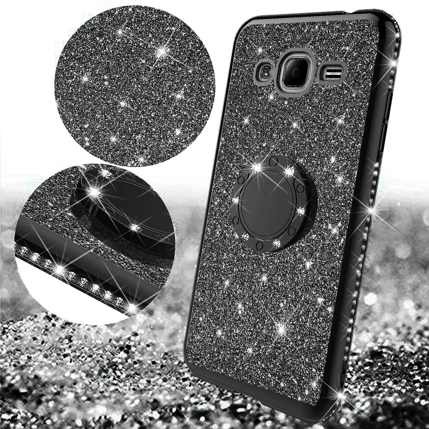 Samsung Galaxy J3,  Galaxy J3 V Case, Glitter Cute Phone Case Girls with Kickstand,Bling Diamond Rhinestone Bumper Ring Stand Sparkly Luxury Clear Thin Soft Protective Samsung Galaxy J3 Case for Girl Women - Black