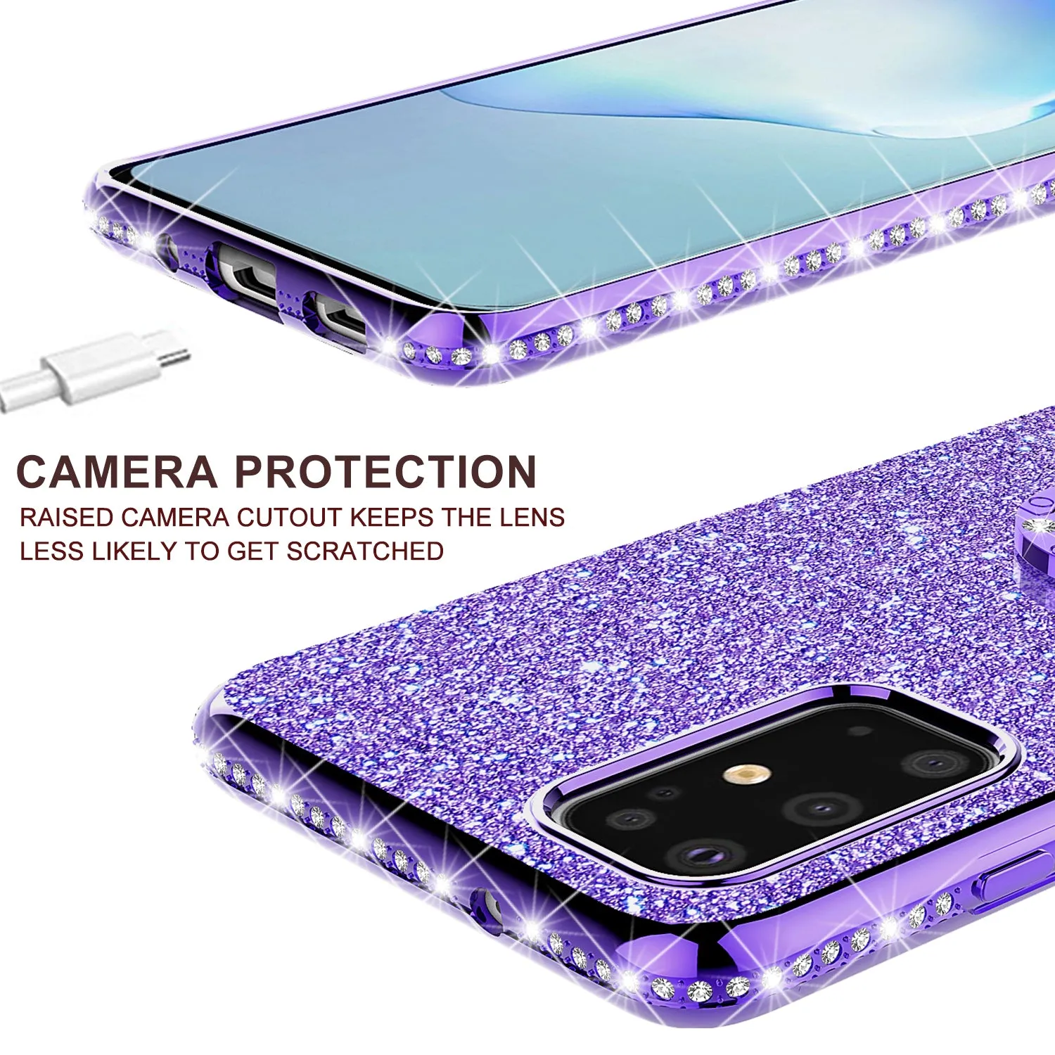 Samsung Galaxy S20 Case, Glitter Cute Phone Case Girls with Kickstand,Bling Diamond Rhinestone Bumper Ring Stand Sparkly Luxury Clear Thin Soft Protective Samsung Galaxy S20 Case for Girl Women - Purple