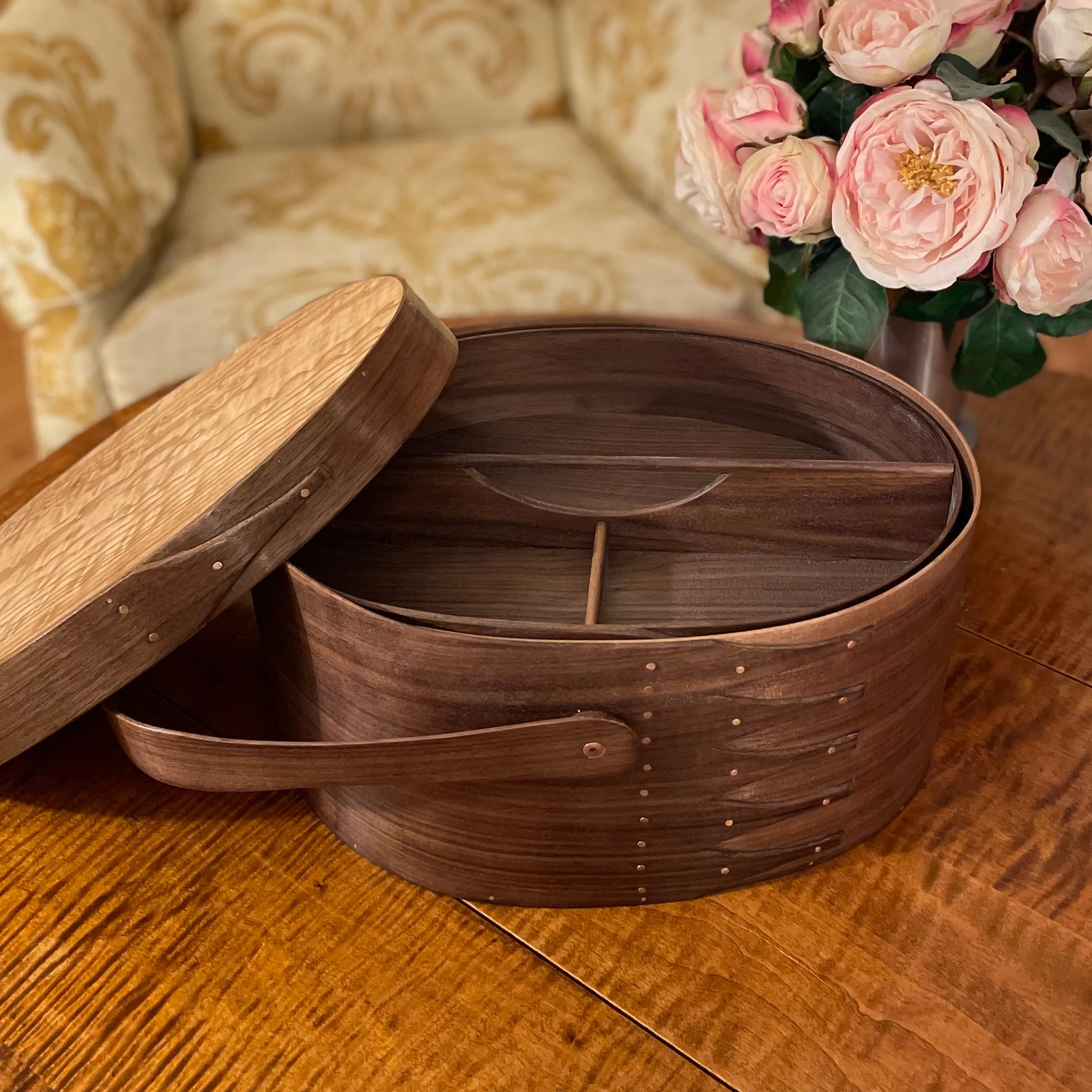 Suffolk Shaker Shop | Shaker Oval #8 Sewing Box in Walnut / Tamo Ash