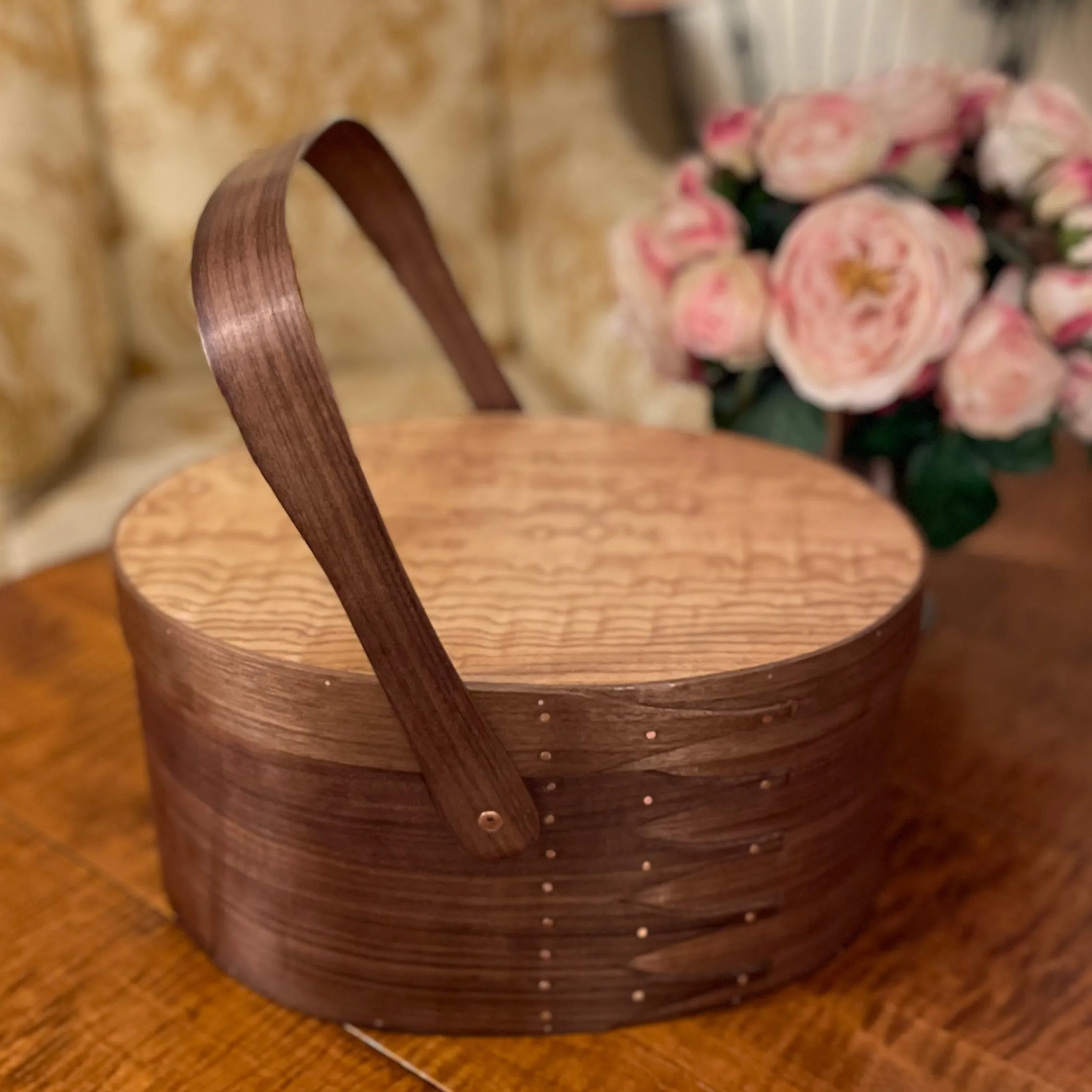 Suffolk Shaker Shop | Shaker Oval #8 Sewing Box in Walnut / Tamo Ash