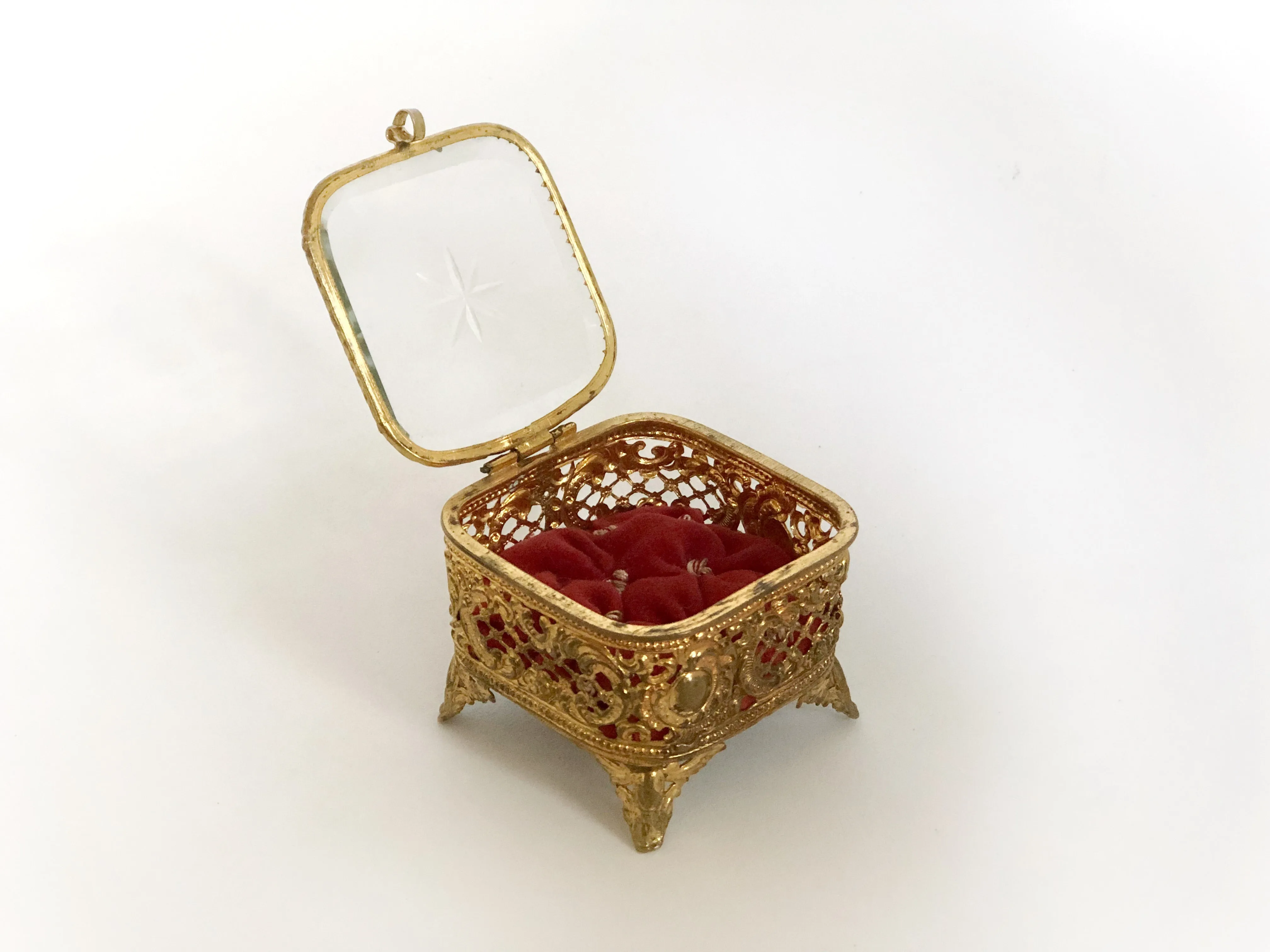 Tiny Red Tufted Vintage Jewelry Box