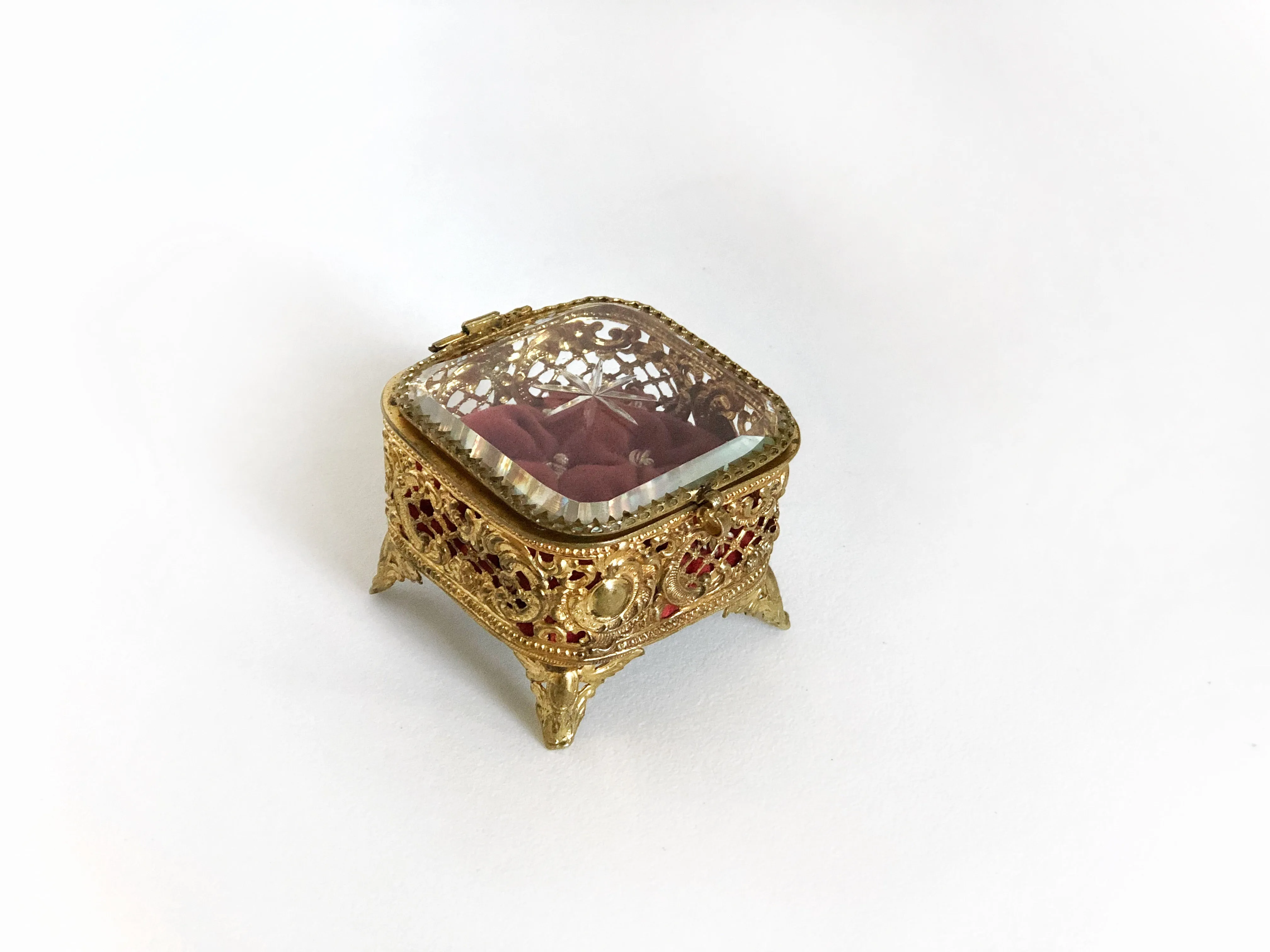 Tiny Red Tufted Vintage Jewelry Box