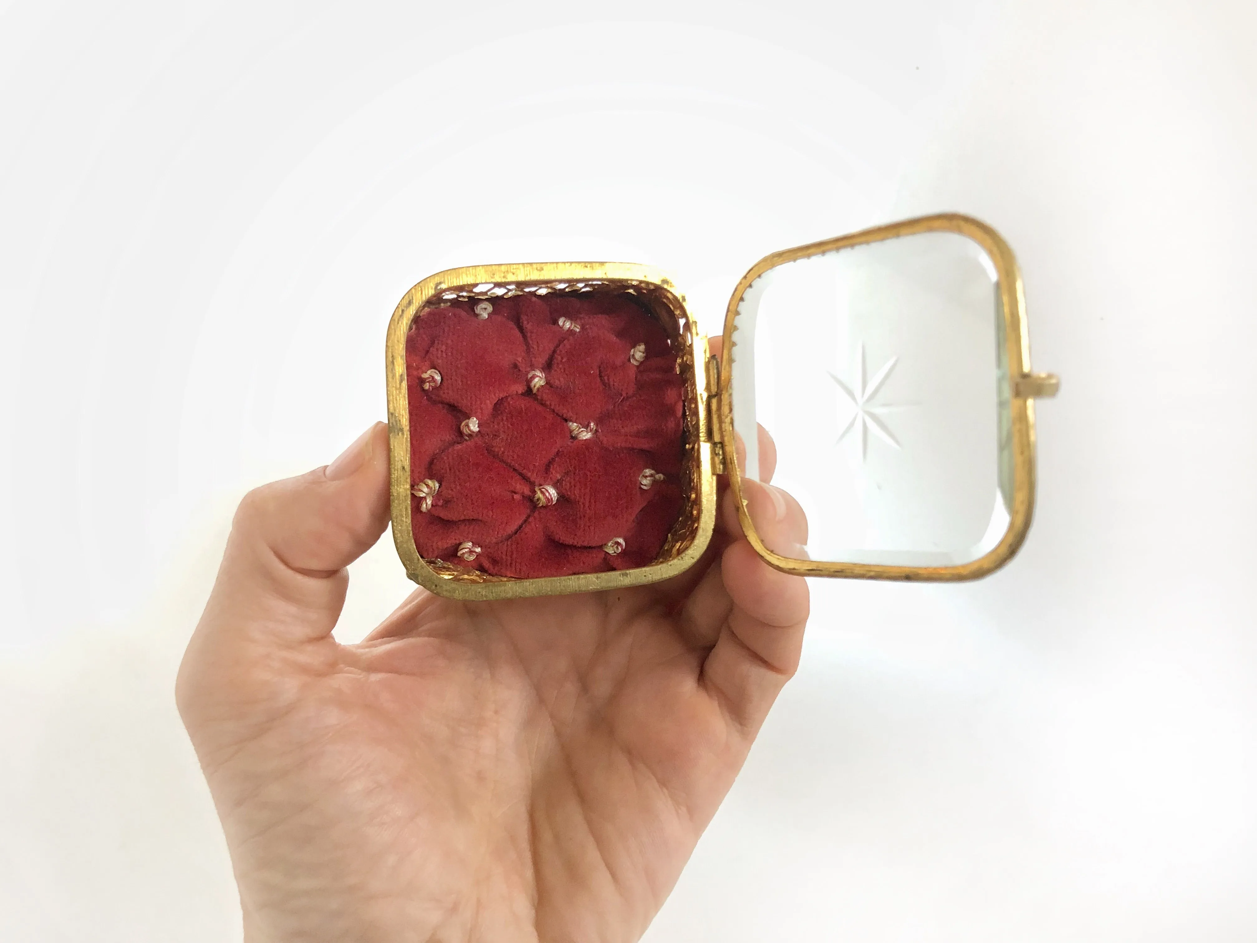 Tiny Red Tufted Vintage Jewelry Box