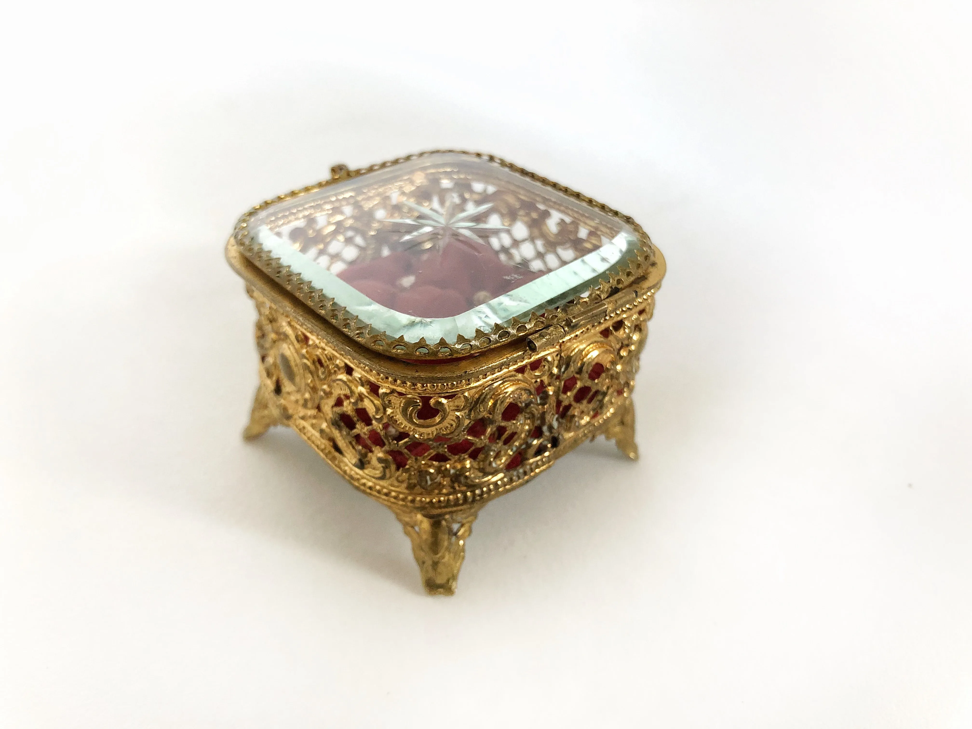 Tiny Red Tufted Vintage Jewelry Box