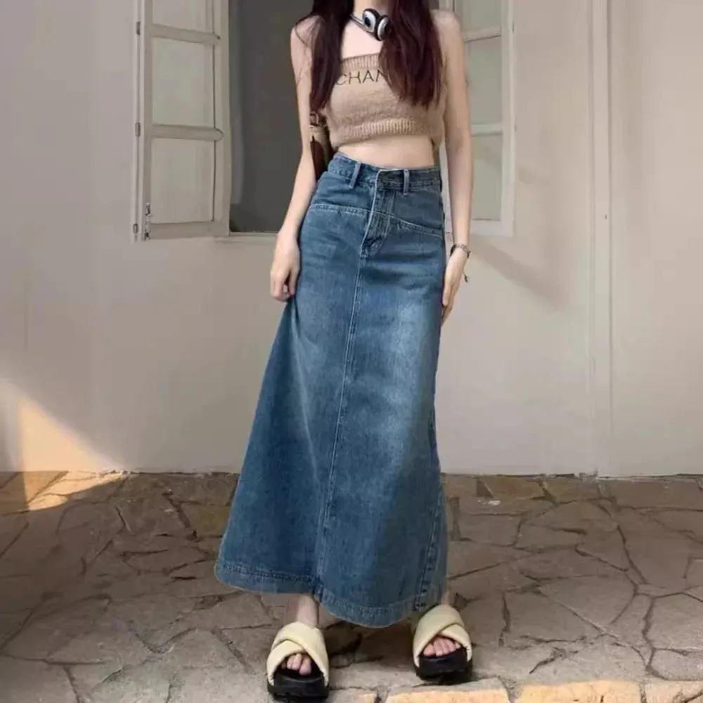 Trendy American Style Side Slit Denim Plus Size Long Skirt Bottom