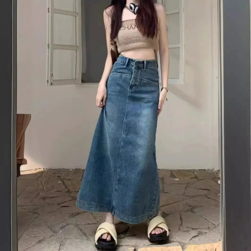 Trendy American Style Side Slit Denim Plus Size Long Skirt Bottom