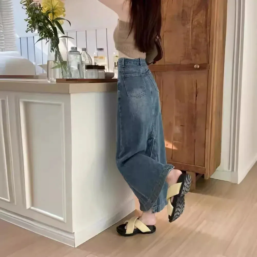 Trendy American Style Side Slit Denim Plus Size Long Skirt Bottom