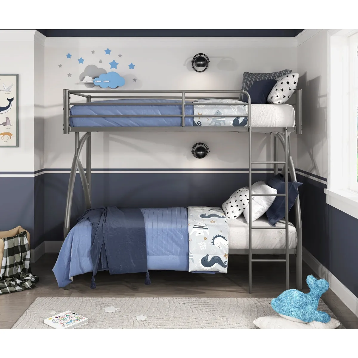 Twin/Twin Metal Bunk Bed with Gray Finish and Guard Rails