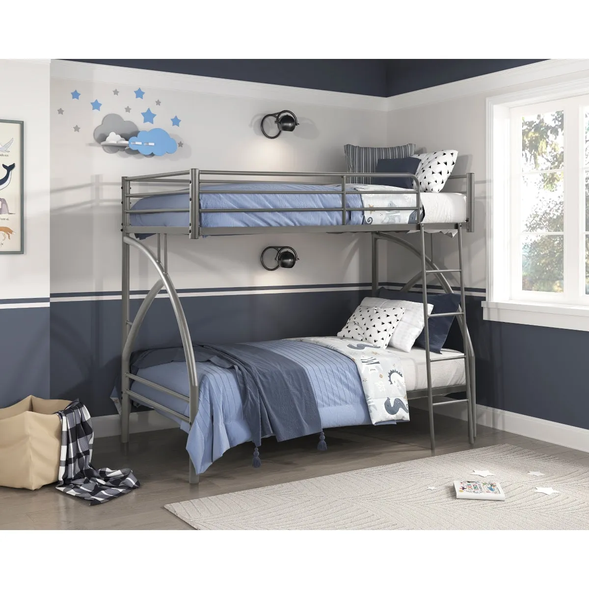 Twin/Twin Metal Bunk Bed with Gray Finish and Guard Rails