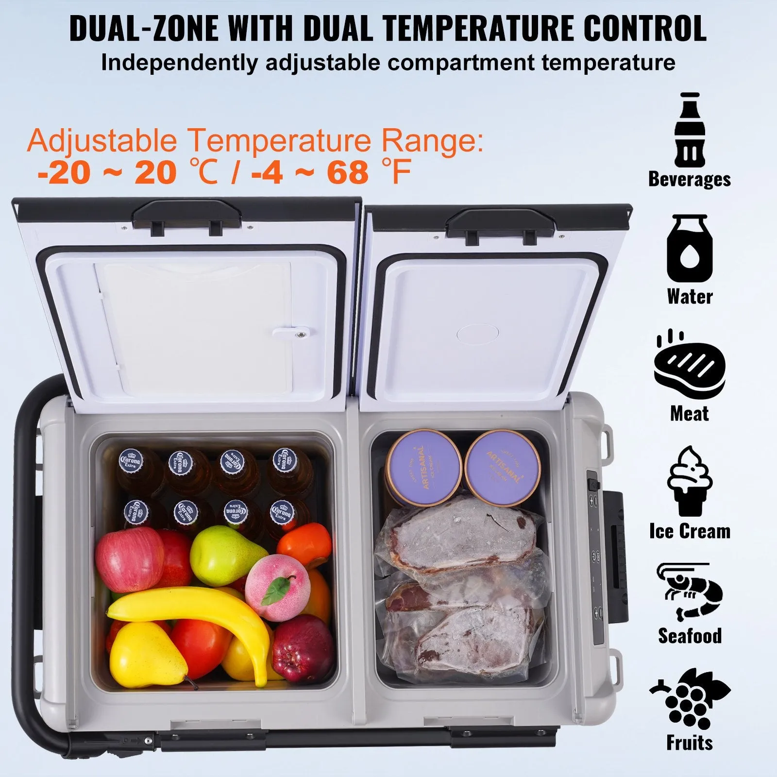 Vevor Car Refrigerator Freezer 42.3 Qt Portable Dual Zone -4°F to 68°F Temperature Adjustment New