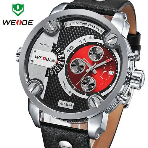 WEIDE New Oversized Men's Quartz Leather Strap Sports Military Watches Luxury Brand Quartz Watch 3ATM Water Resistant