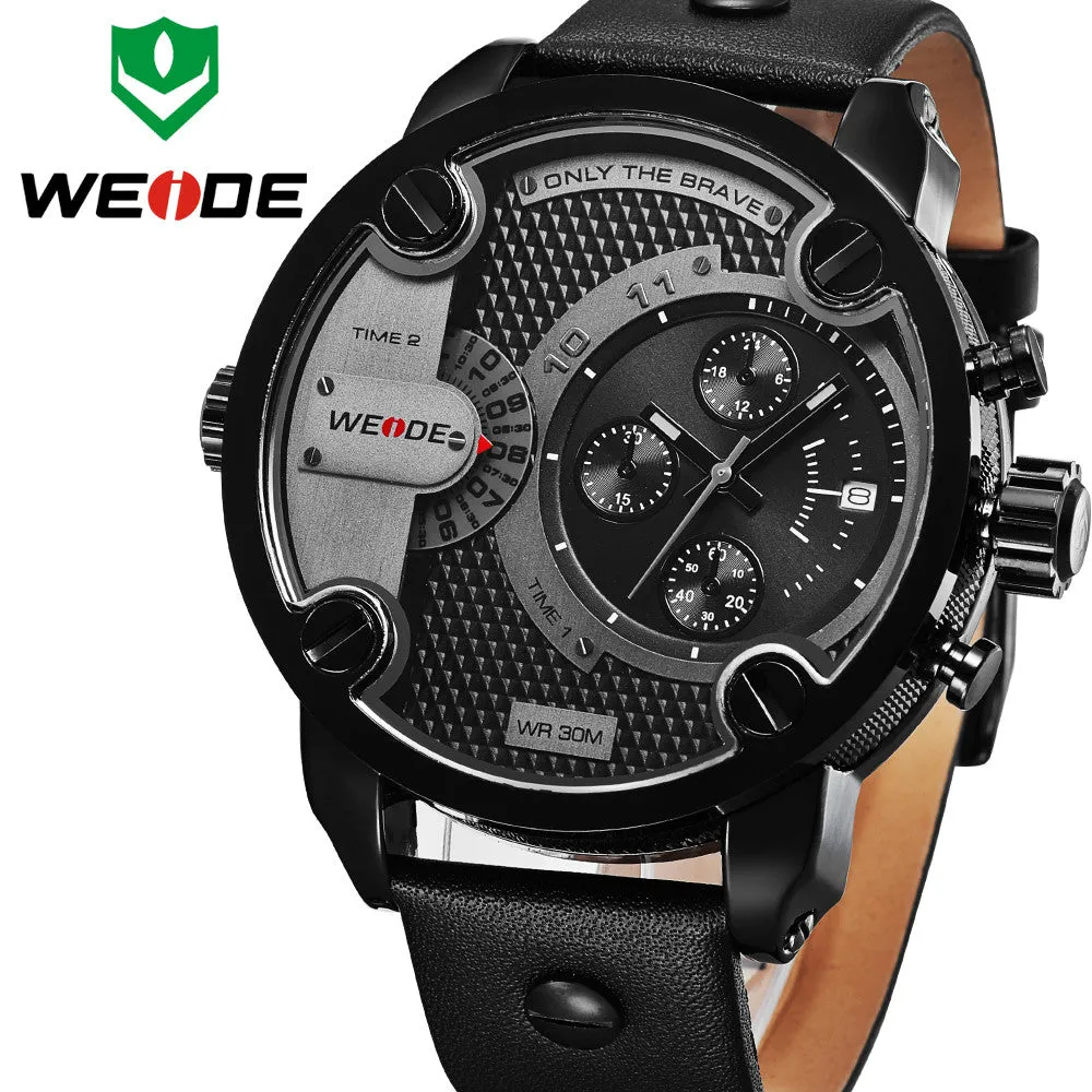 WEIDE New Oversized Men's Quartz Leather Strap Sports Military Watches Luxury Brand Quartz Watch 3ATM Water Resistant