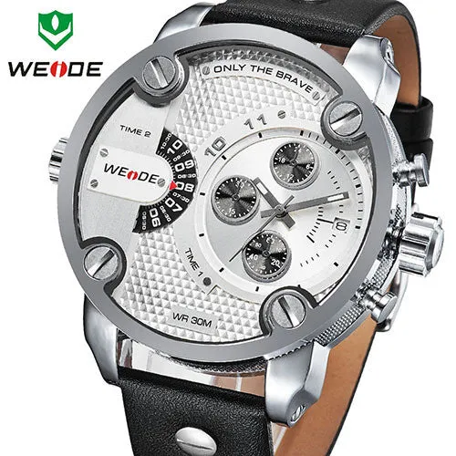 WEIDE New Oversized Men's Quartz Leather Strap Sports Military Watches Luxury Brand Quartz Watch 3ATM Water Resistant