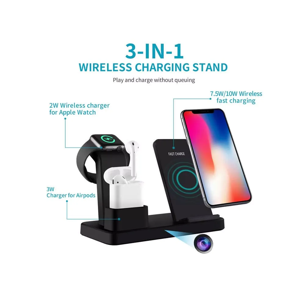 Wireless Charging Station Hidden Security Camera - Easy Live View, Sound & Recording using your Cellphone!