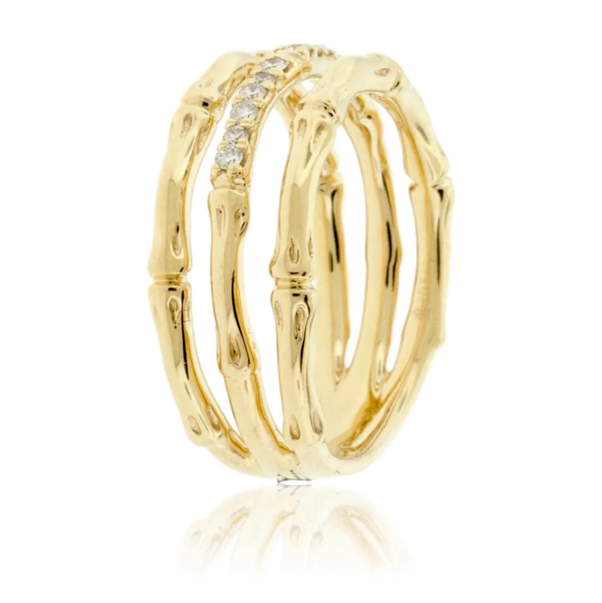 Yellow Gold Textured 3 Row Diamond Ring