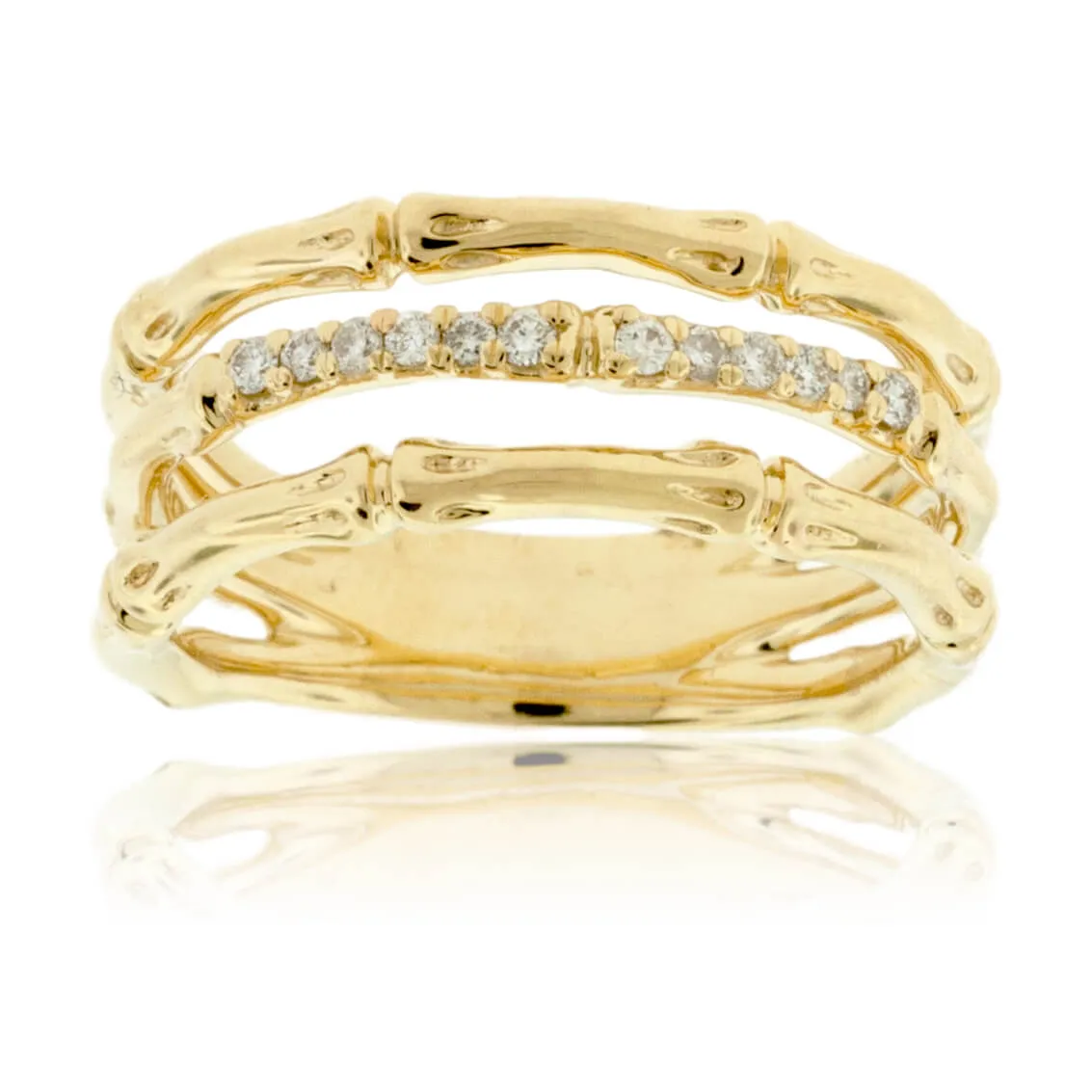 Yellow Gold Textured 3 Row Diamond Ring